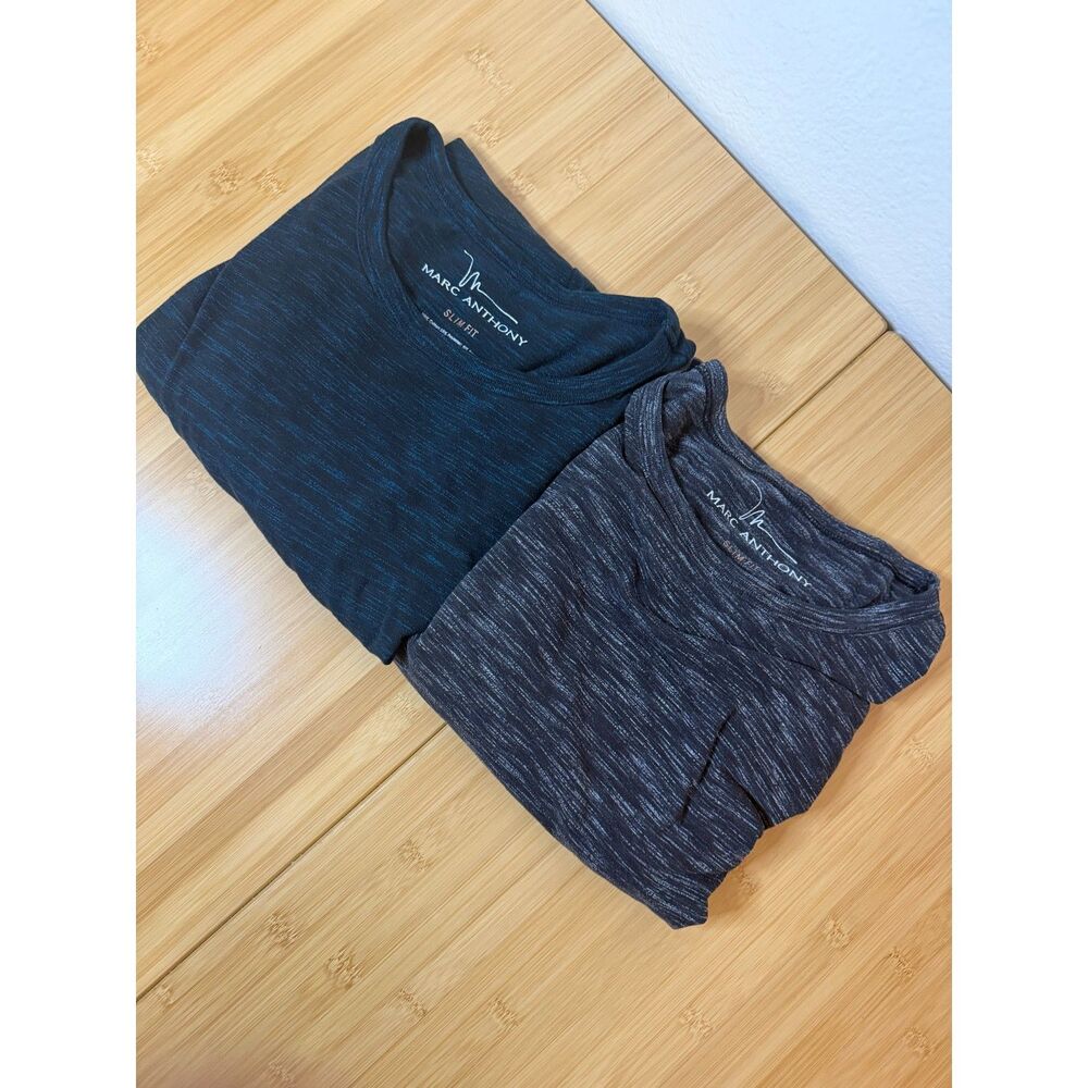 2 PACK Marc Anthony Shirts Matching L Slim Fit Crewneck Space Dye Black Blue Tee